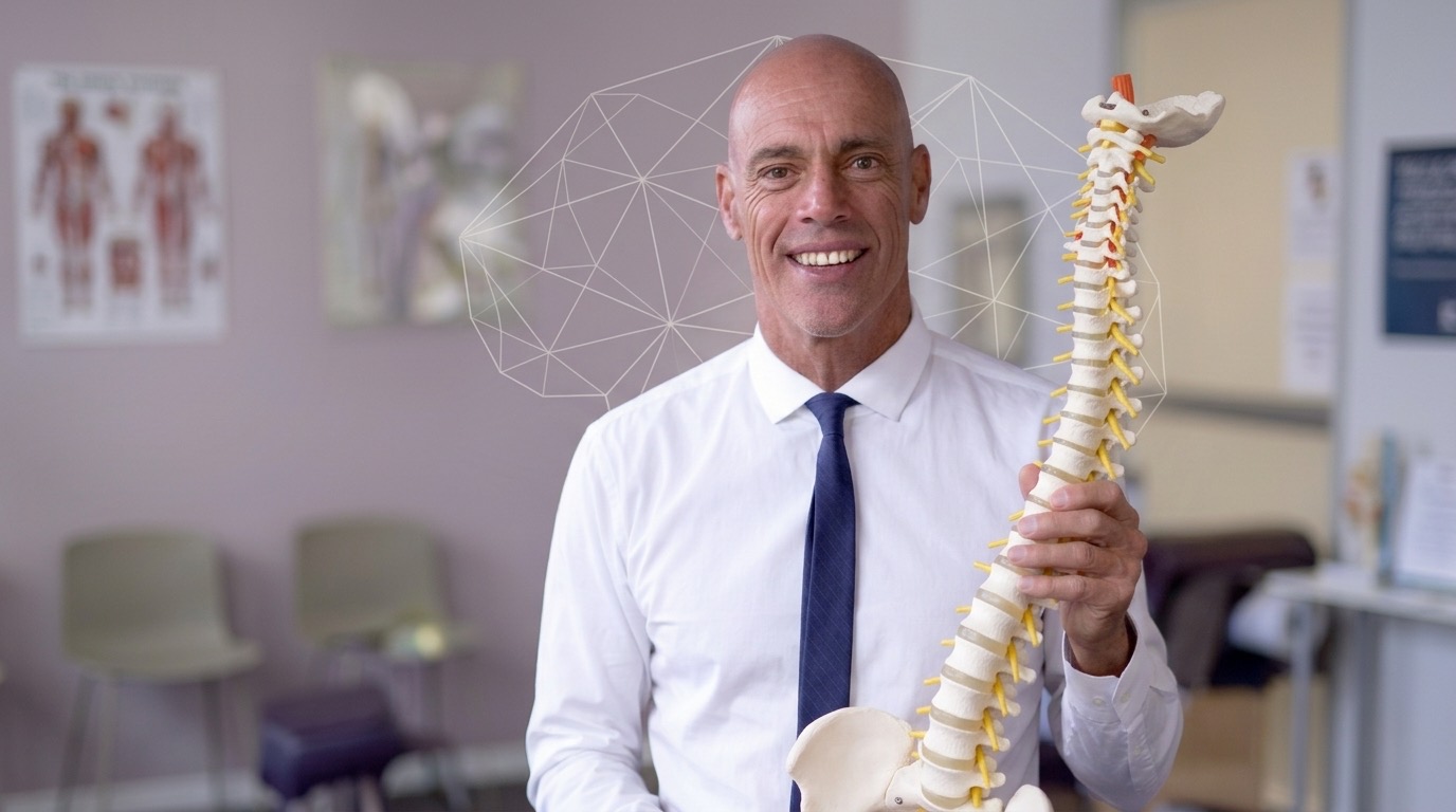 Dr. Billy DeMoss holding a spine model, chiropractor for ADHD-related care in Newport Beach