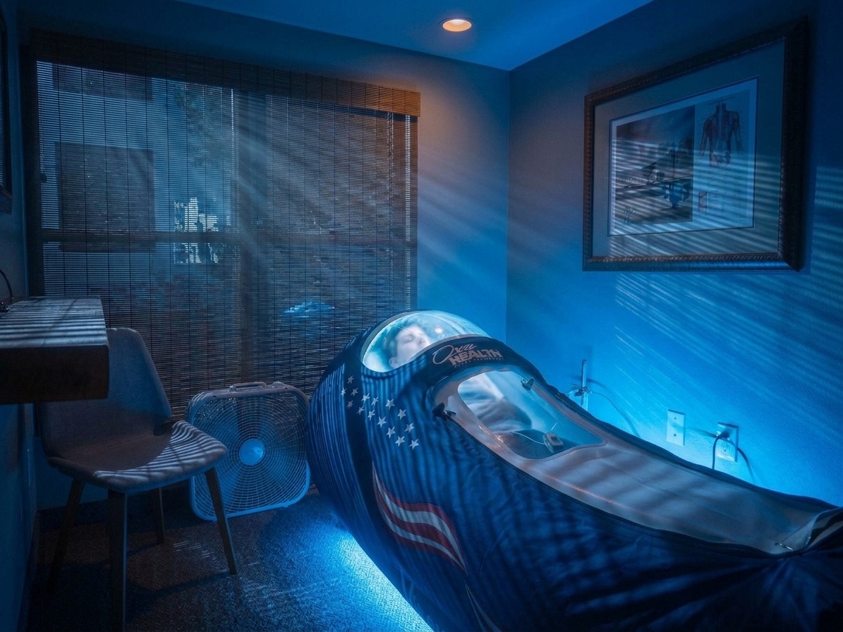 Patient inside a hyperbaric oxygen chamber during a session at DeMoss Chiropractic, Newport Beach