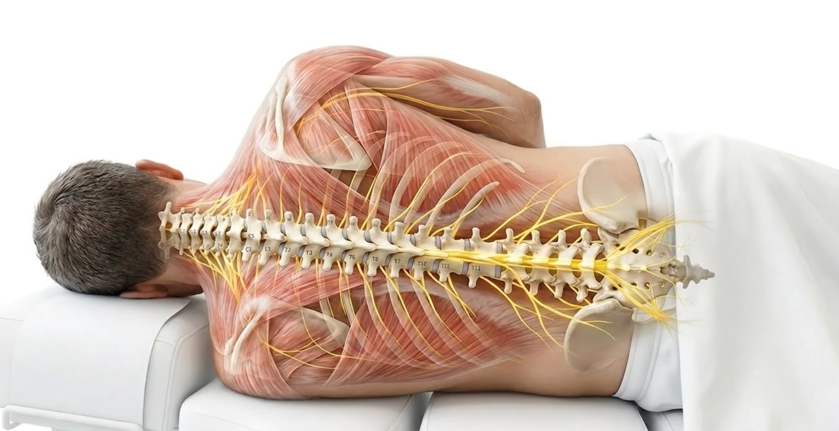 Anatomical illustration of the spine and spinal nerves in a person lying face down on a treatment table